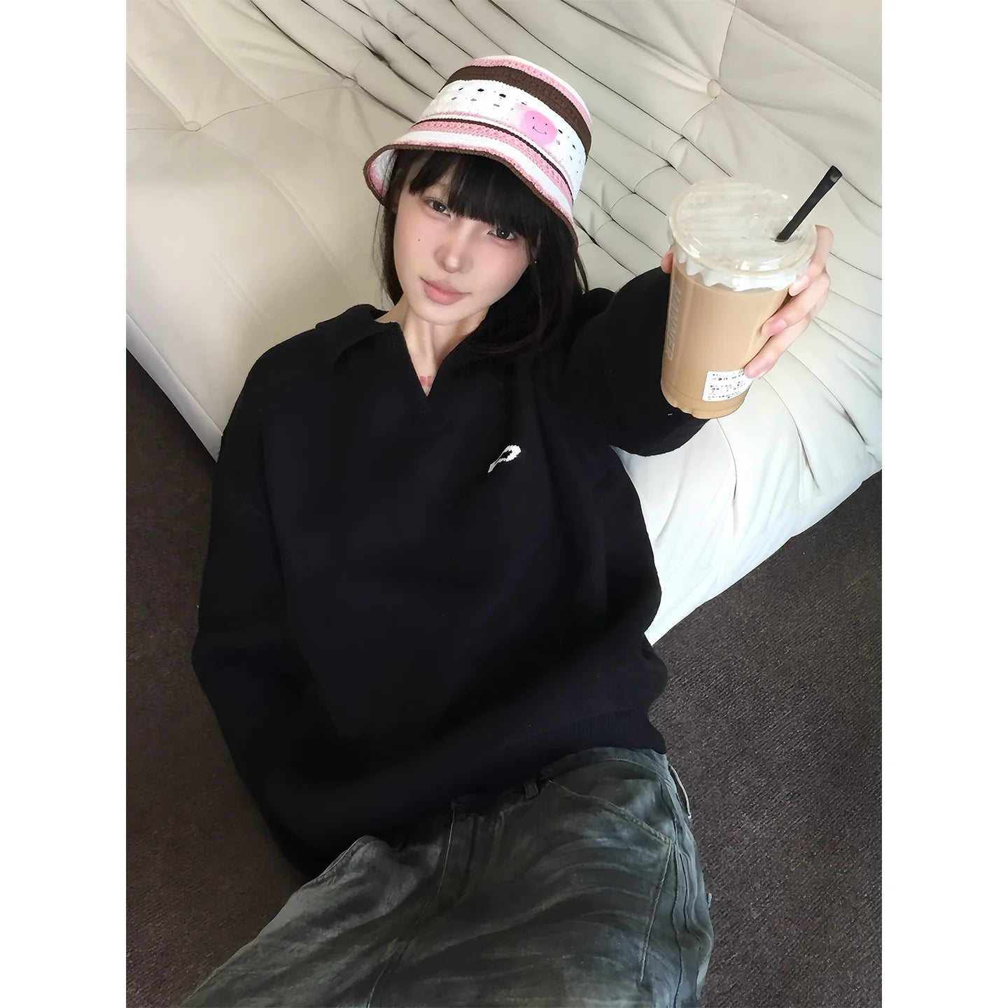 Lazy Style Black V-Neck Knit Sweater Early Autumn Loose Pullover Knitwear