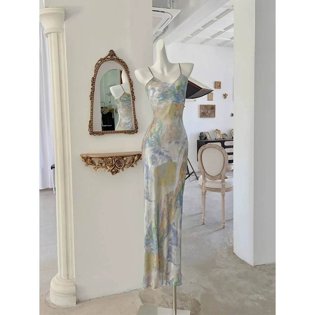 Moonlight Sea Draped Printed Spaghetti Strap Gown Dress