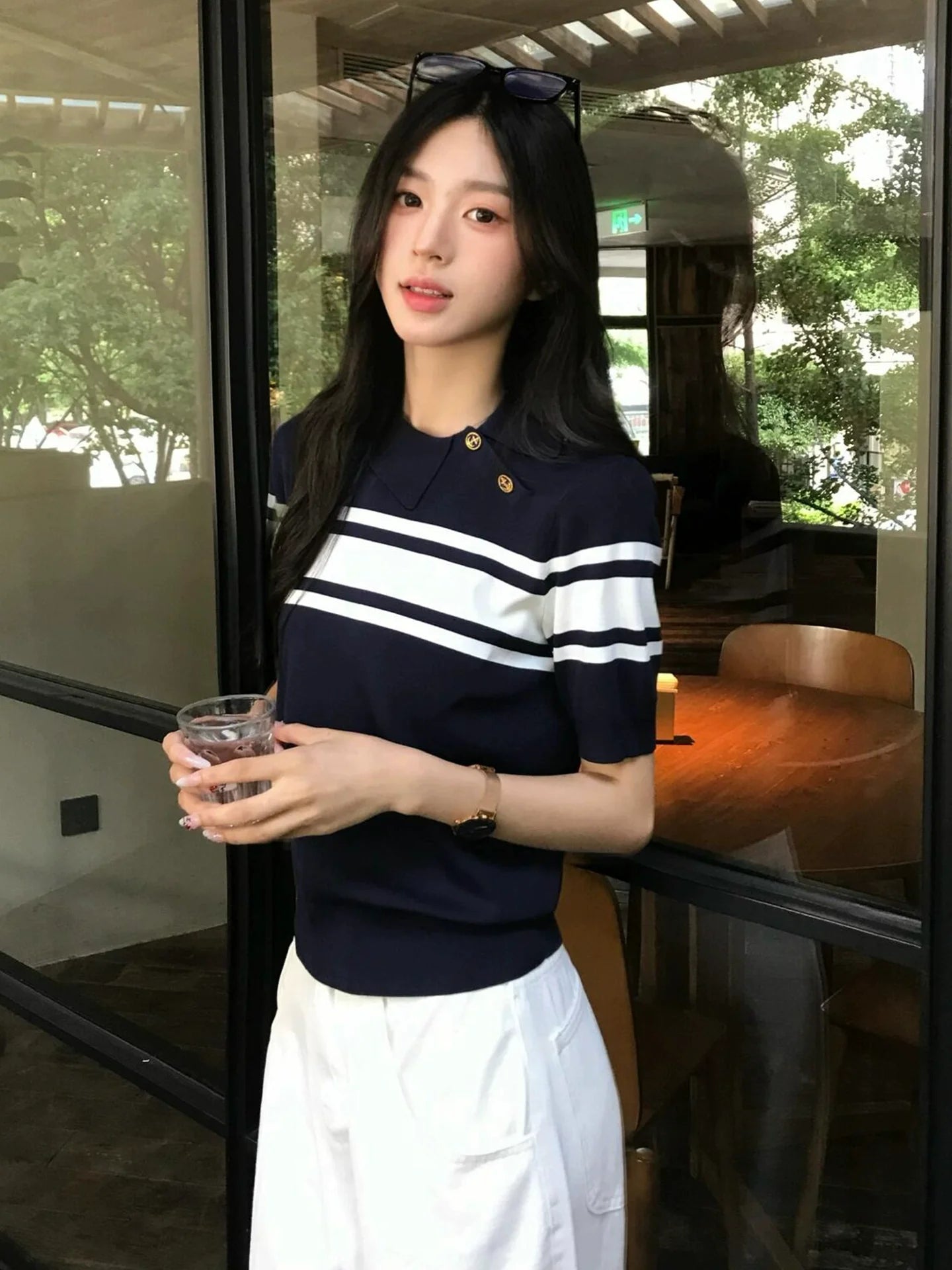 Old Money Navy Polo Knit Top  Slim Fit Short Sleeve Structured Shoulder Preppy Shirt