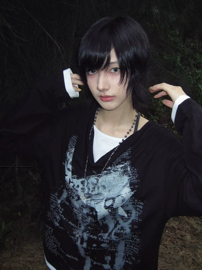 Layered Drape Neck Long Sleeve T Shirt Y2K Visual Kei Punk Top