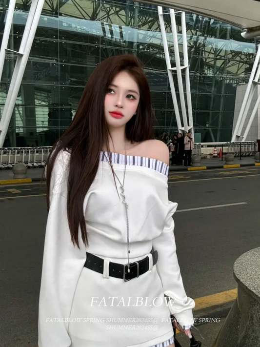 Korean Casual Asymmetrical Color-Block Sweatshirt & Skirt Dress Set