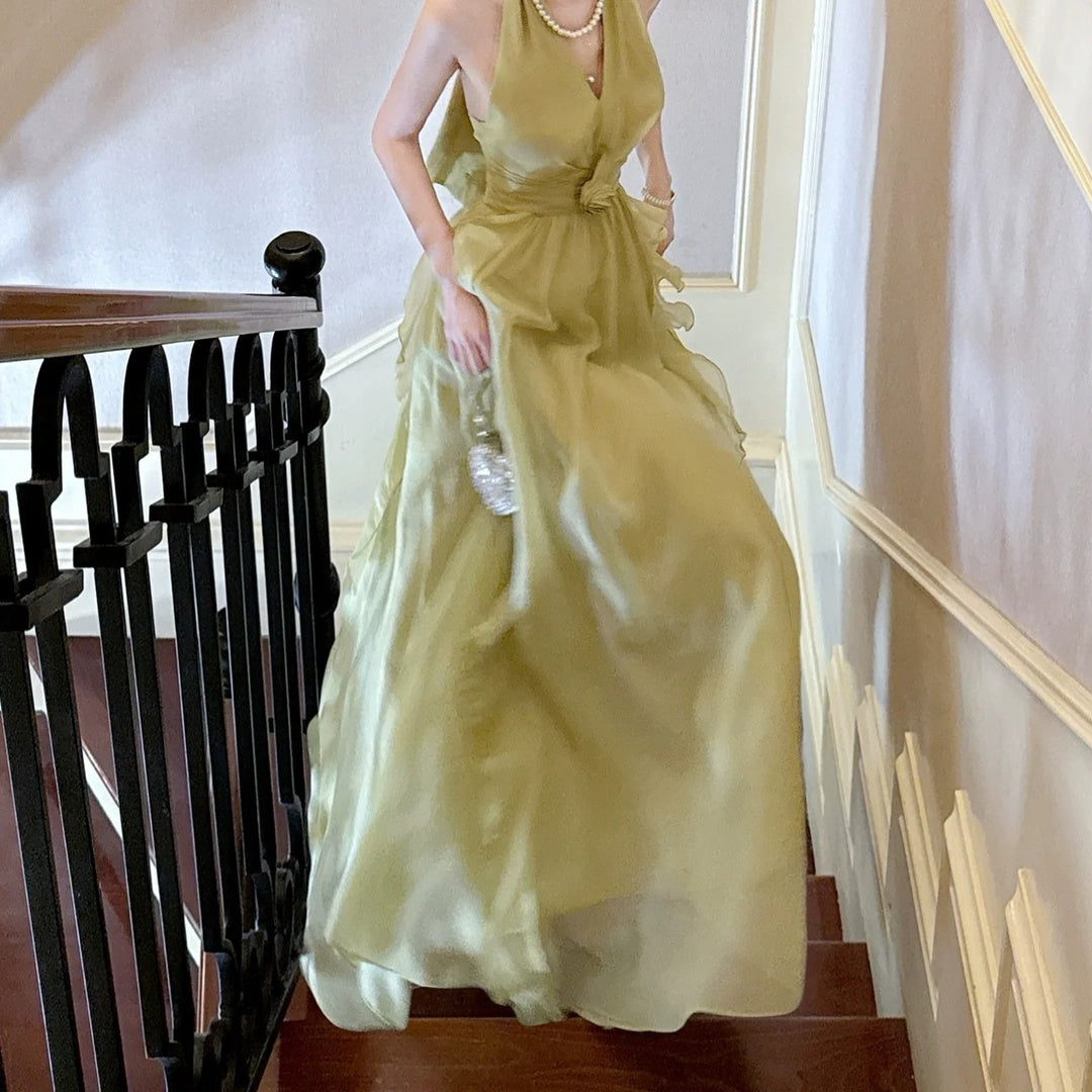 French Holiday Ruffle Halter Tulle Gown Dress