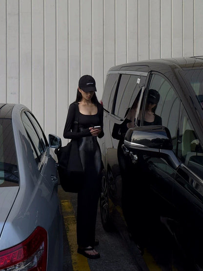 Sexy E-girl Black Print Long-Sleeve Bodycon Waist-Cinched Maxi Dress