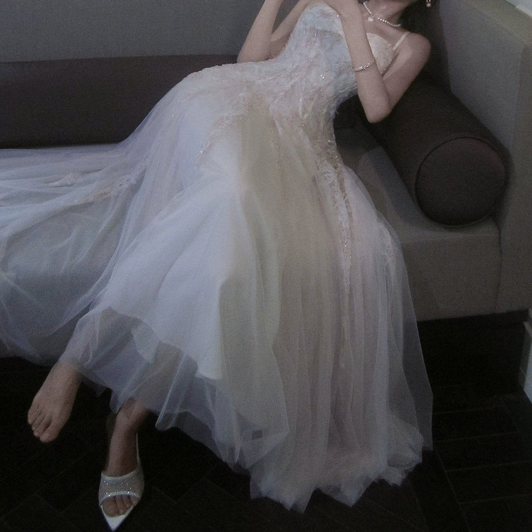 French Pink Chiffon Lace Gown Dress