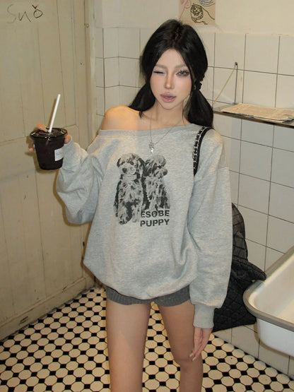 American Hot-Girl Gray Off-Shoulder Sweatshirt Dog Print Long Sleeve