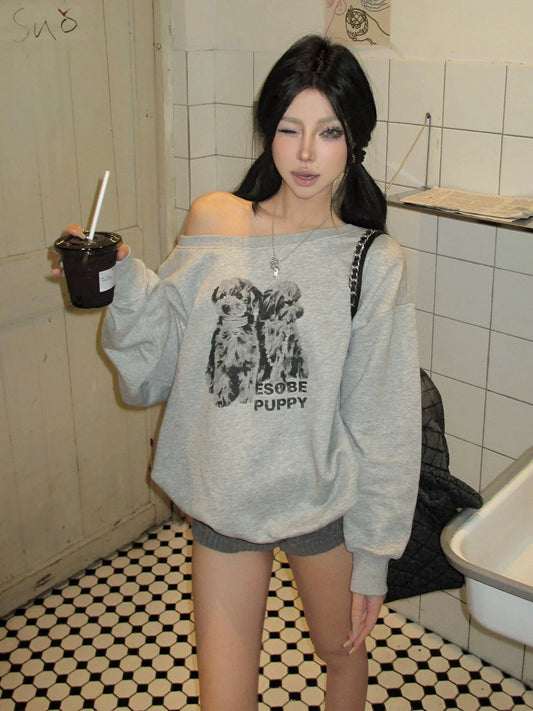 American Hot-Girl Gray Off-Shoulder Sweatshirt Dog Print Long Sleeve