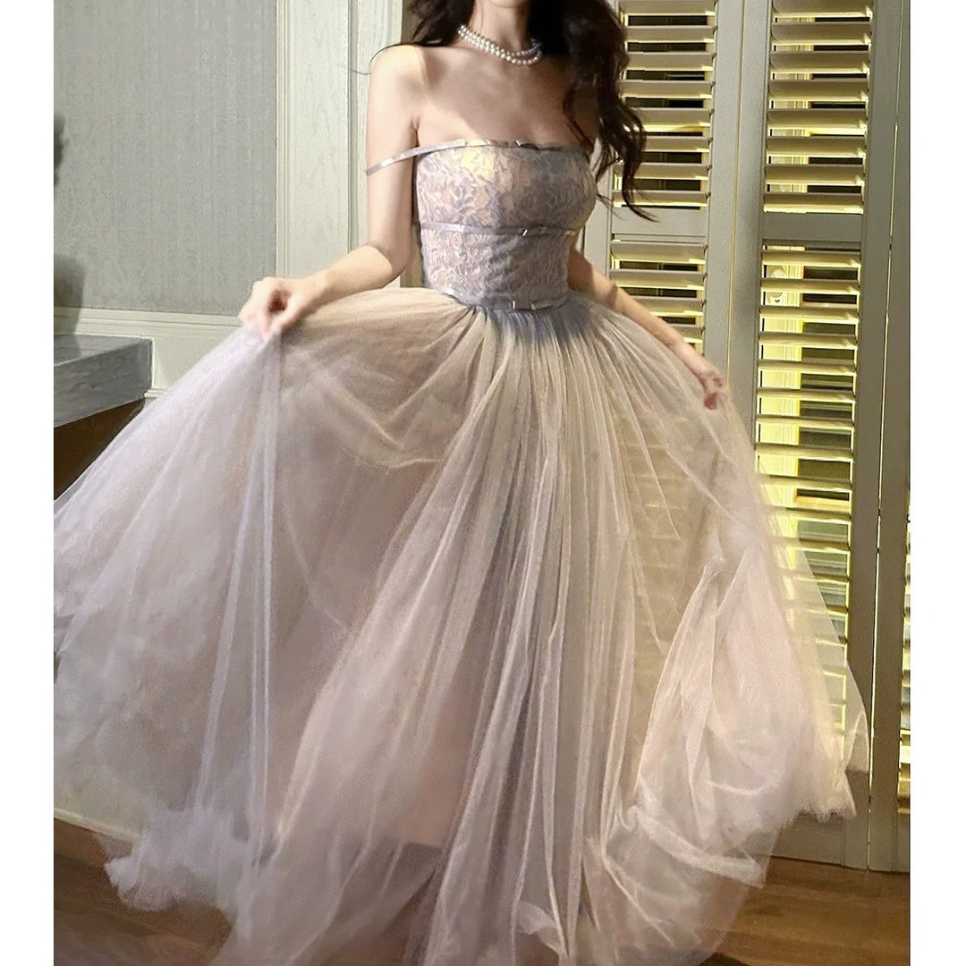 French Purple One-Shoulder Tulle Gown Dress