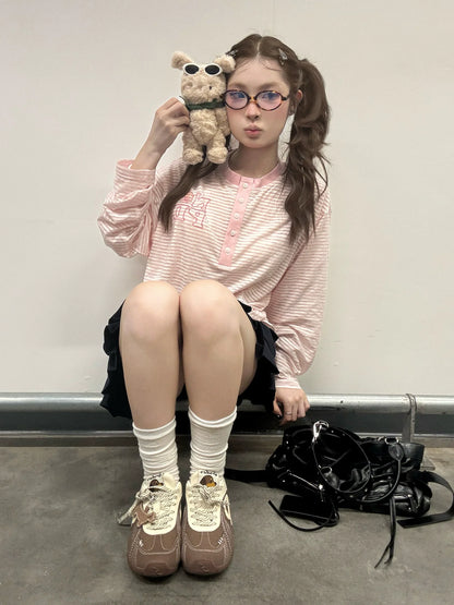 Pink Striped Henley Long Sleeve Loose T Shirt Summer Top