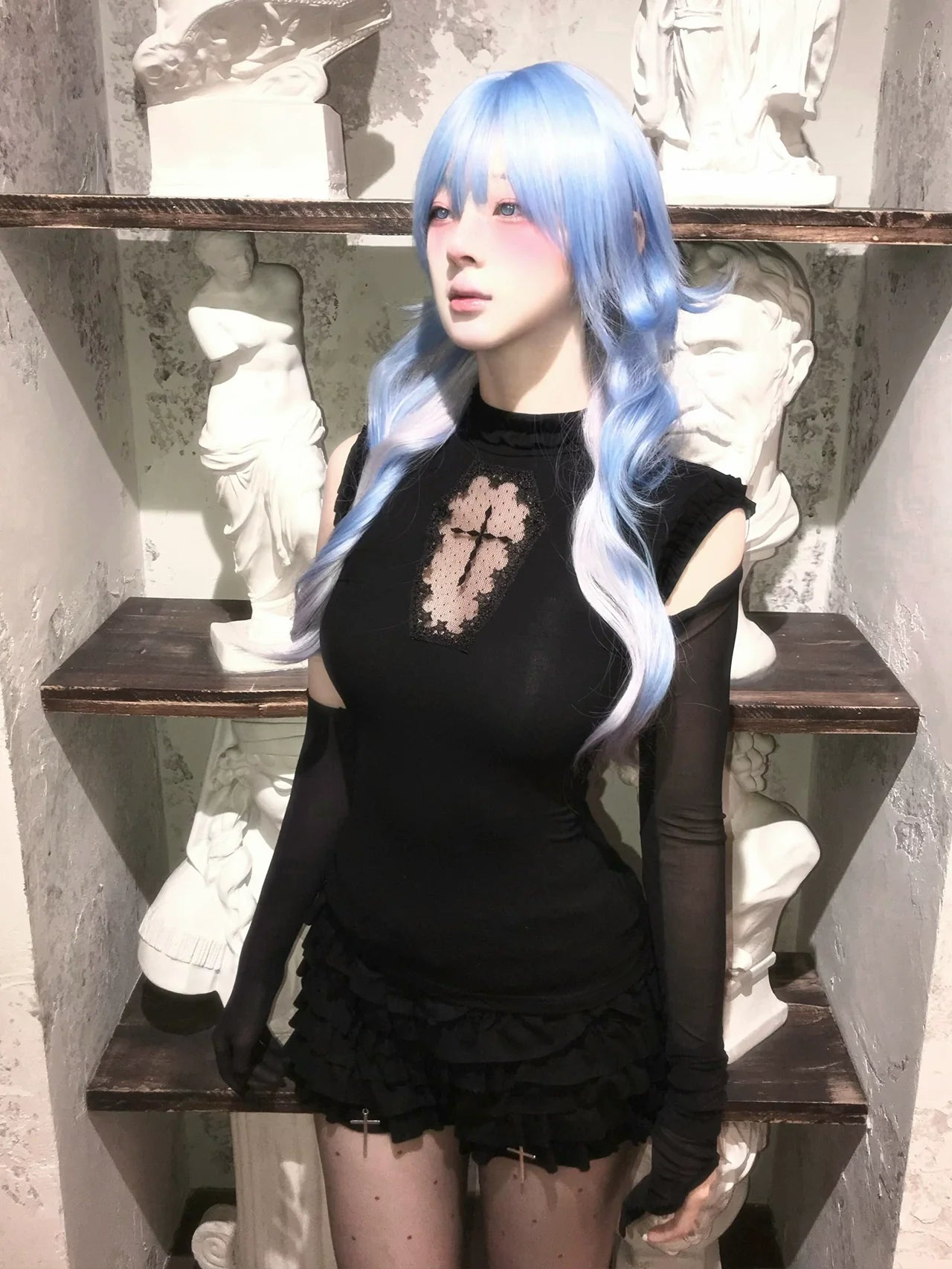 Y2K Subculture Black Tank Hollow-Out Cross Stretch Fitted Top