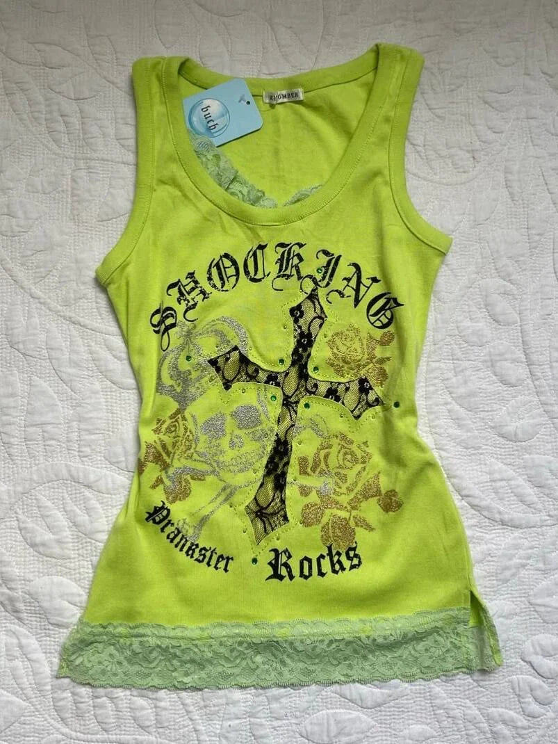 Green Cross Print Tank Top Subculture Y2K E-girl Abi American Retro Light Subculture Tank Top