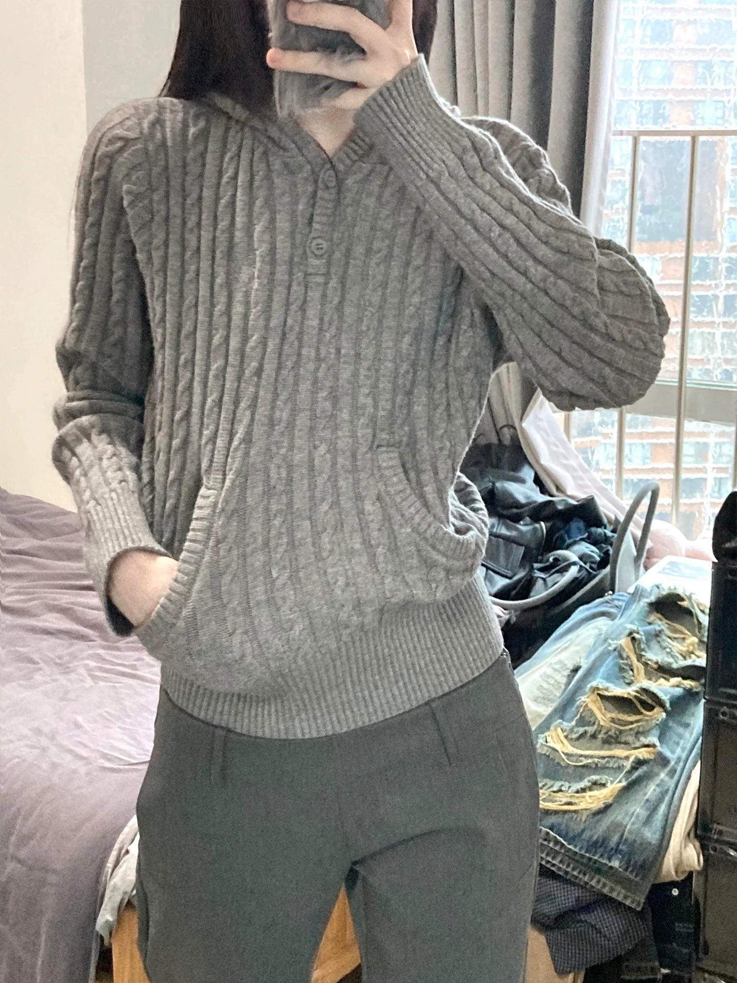 Old Money Style Cable Knit Hoodie Cropped Slim Knit Sweater