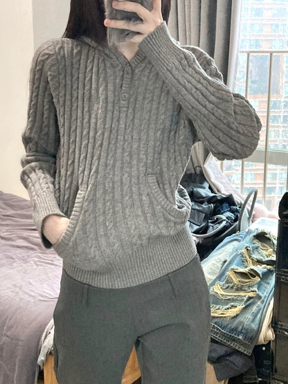 Old Money Style Cable Knit Hoodie Cropped Slim Knit Sweater