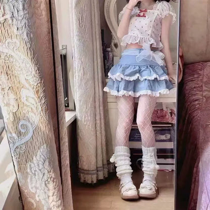 Lace-Trimmed Puff Cake Skirt Subculture Y2K E-girl High-Waisted Short Slimming Fluffy Skirt (Summer)