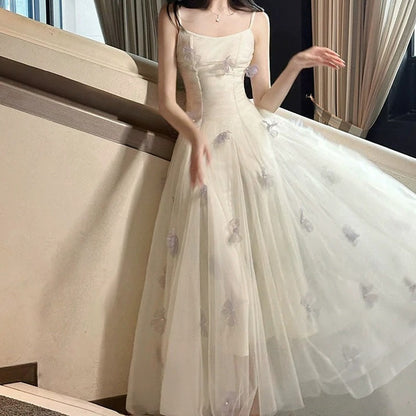 Embroidered Floral Lace Spaghetti Strap Gown Dress