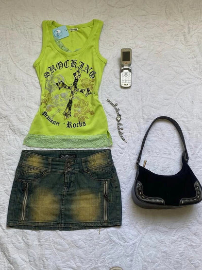 Green Cross Print Tank Top Subculture Y2K E-girl Abi American Retro Light Subculture Tank Top