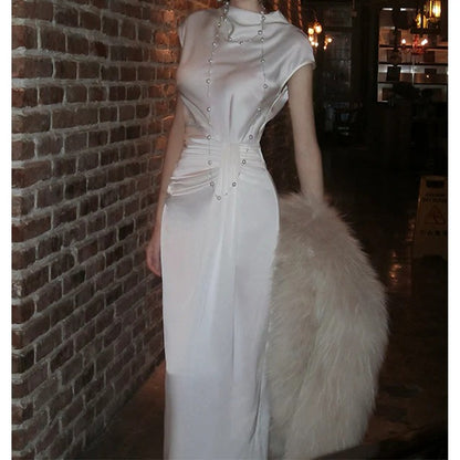 French Satin Pleated Gown Dress – High-End Fitted Evening Dress