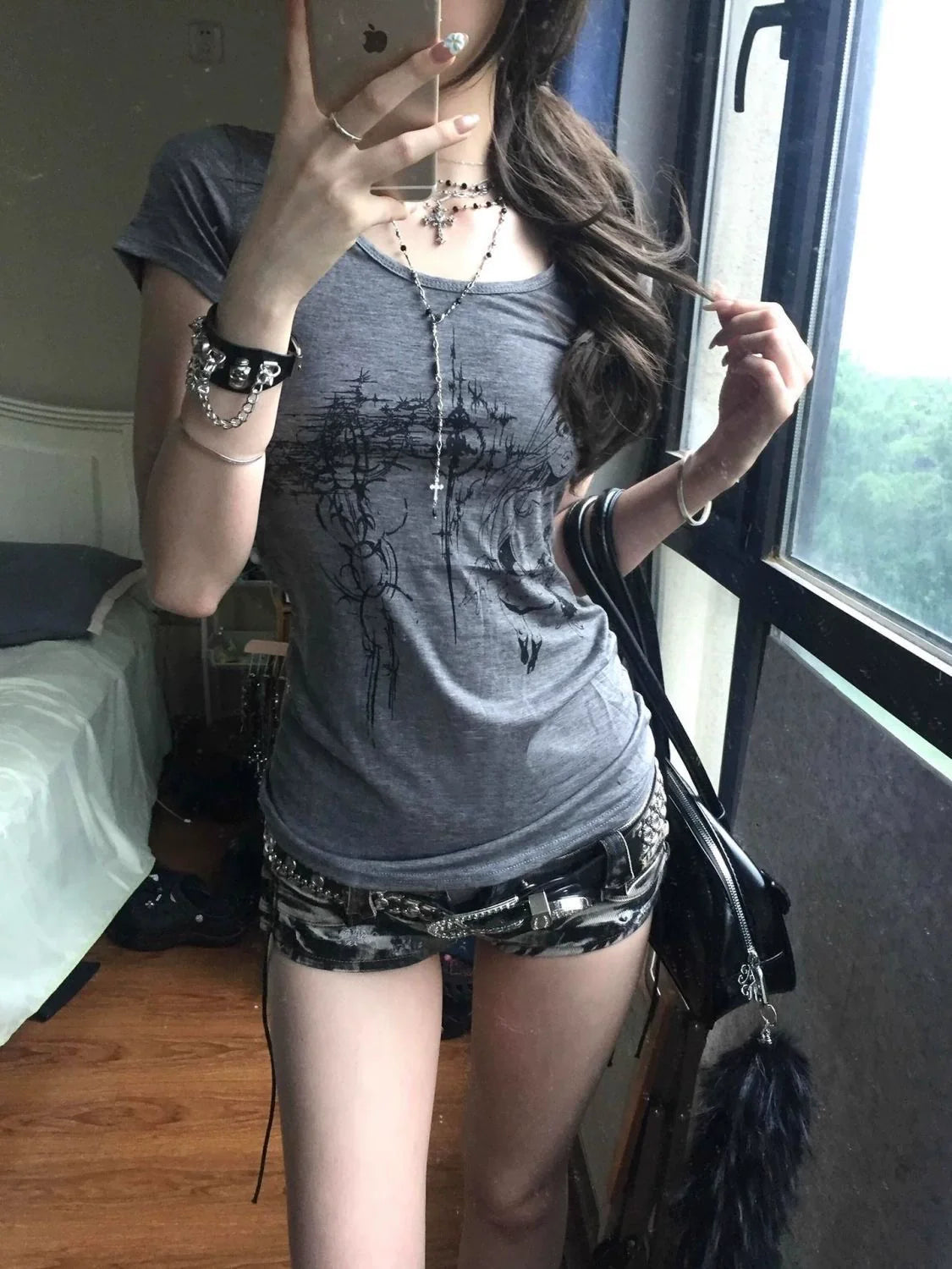 Dark Gray American Vintage Print Waist-Cinched Light Subculture Y2K T-Shirt
