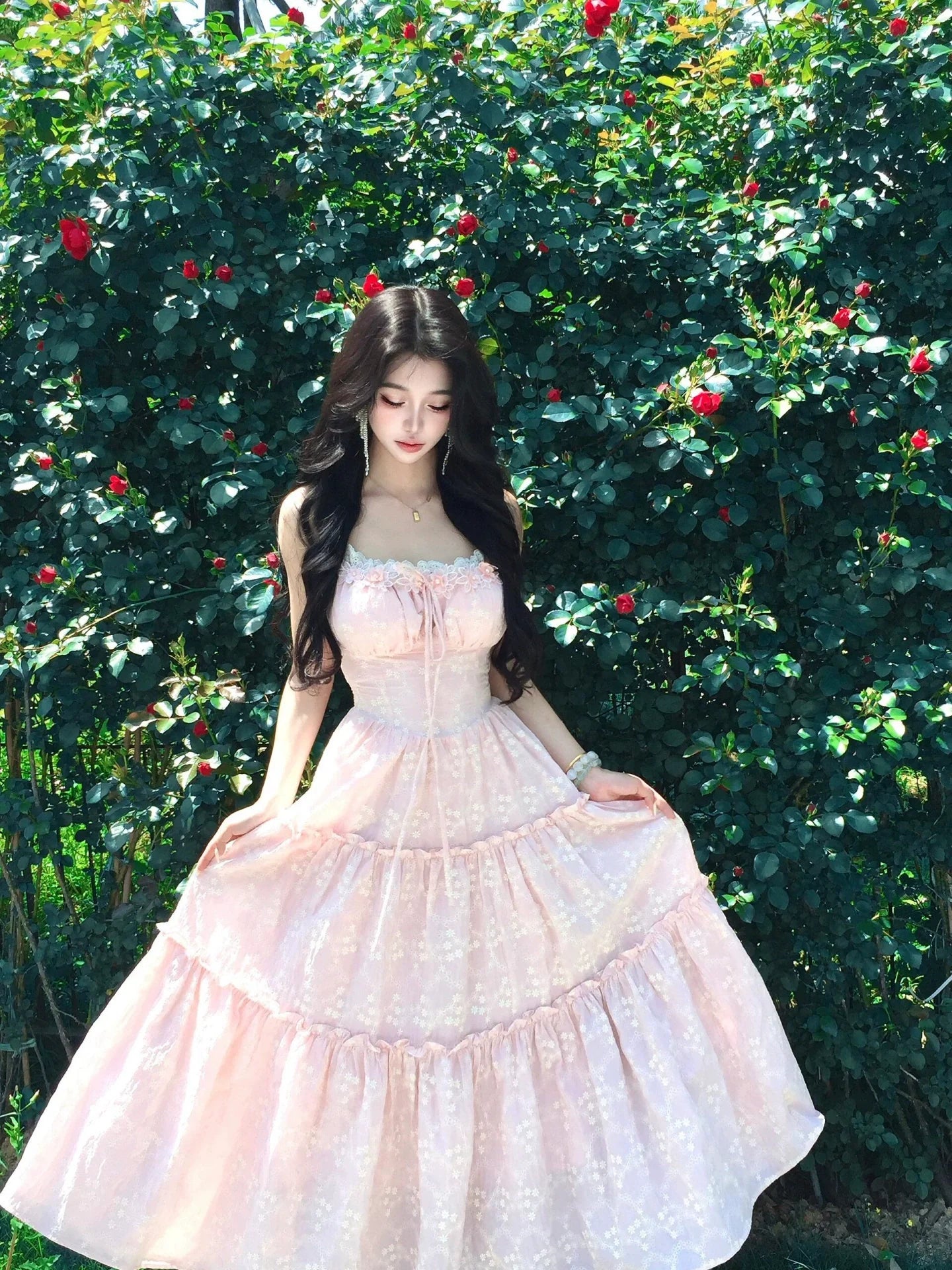 French Pink Halter Soft Sweet Waist-Cinched Princess Tiered Beach Vacation Maxi Dress