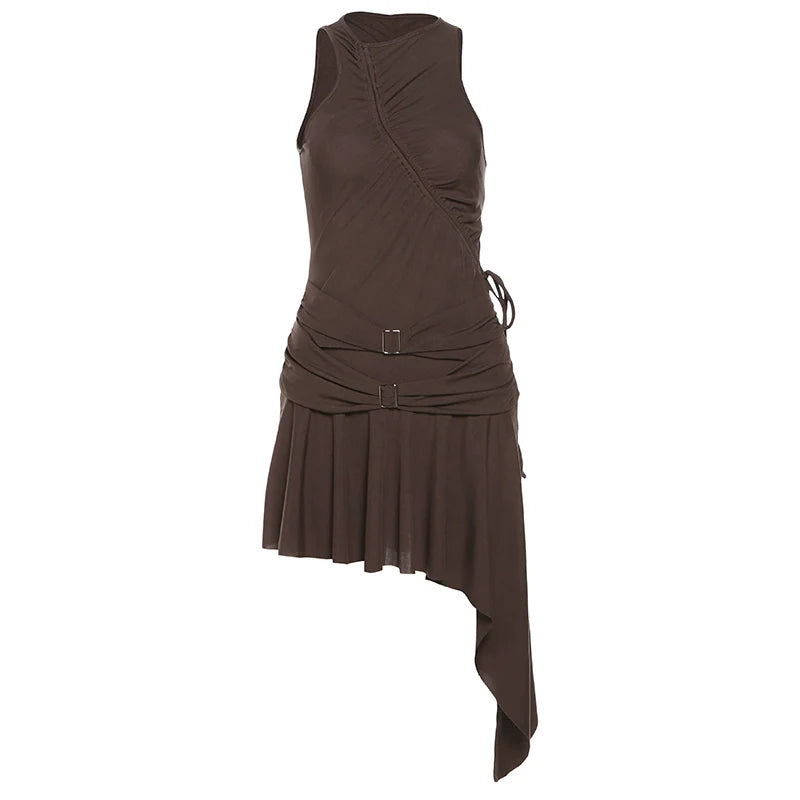 French E-girl Retro Sleeveless Tie-Waist Asymmetrical Mini Dress