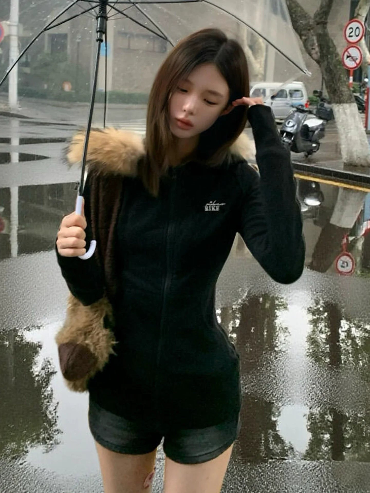 American Fitted Fur Hoodie Zip-Up Cropped Sweatshirt Jacket