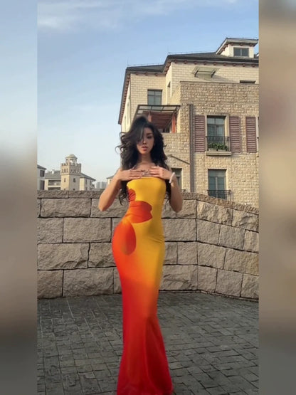 Sexy E-girl Yellow Print Camisole Bodycon Maxi Dress