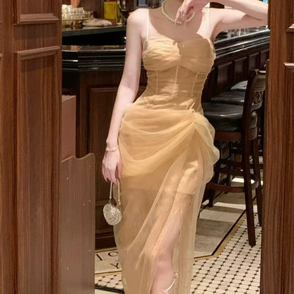 French Lace Bone Spaghetti Waist Gown Dress