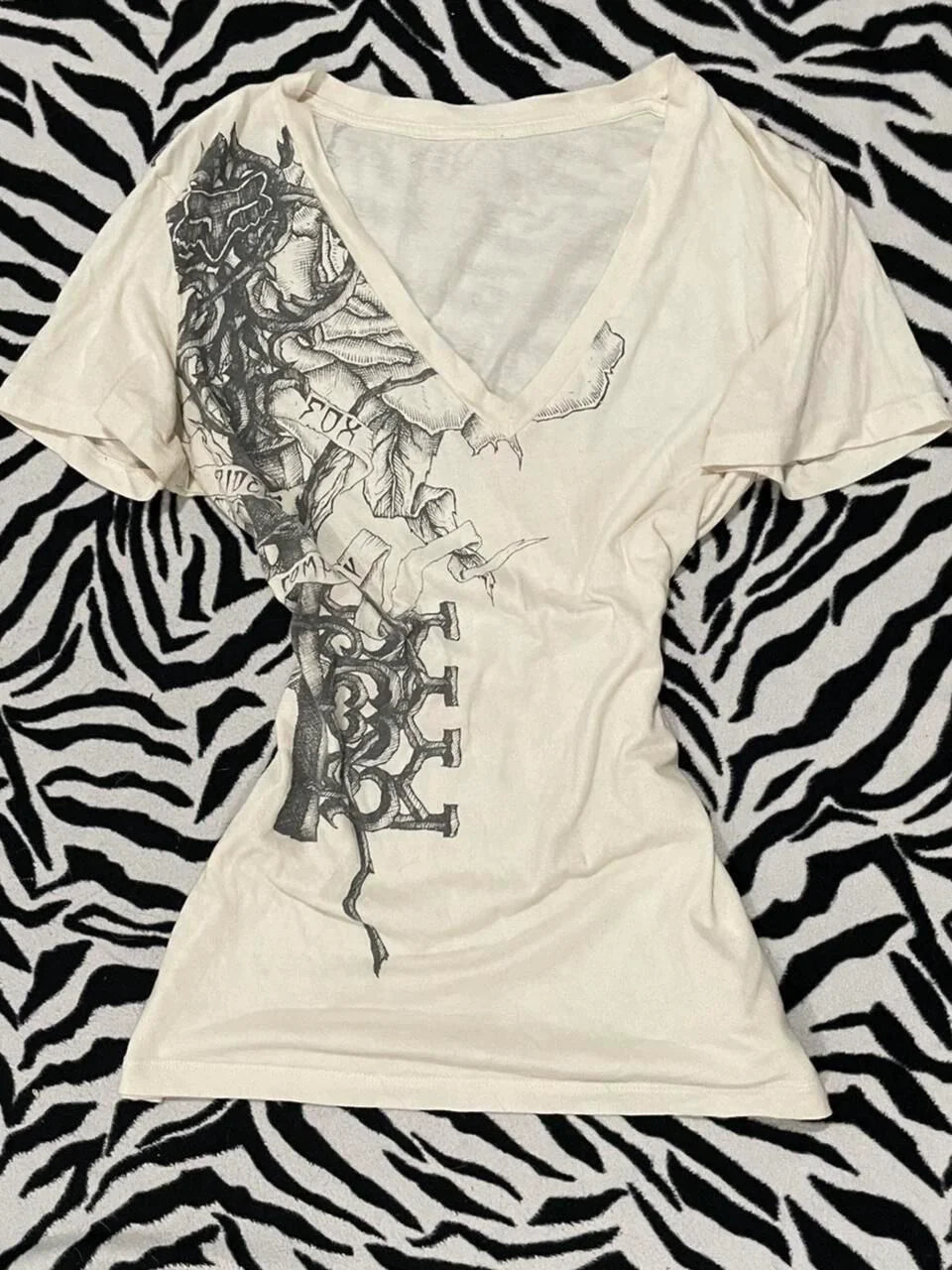 White Subculture Rock Punk Y2K Abi E-girl American Retro V-neck Print Short Sleeve Top