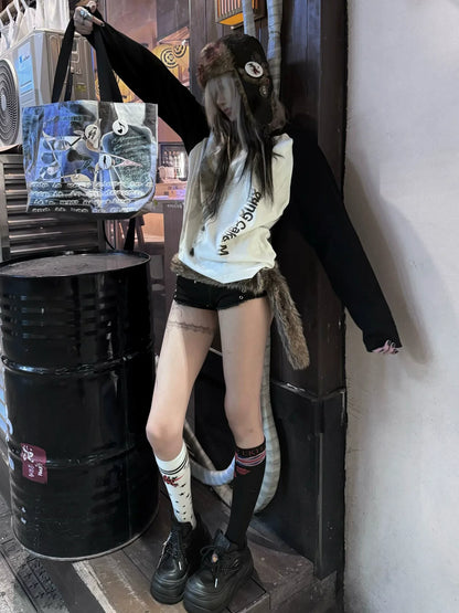 Subculture Black-White Raglan Tee Colorblock Loose Y2K Top