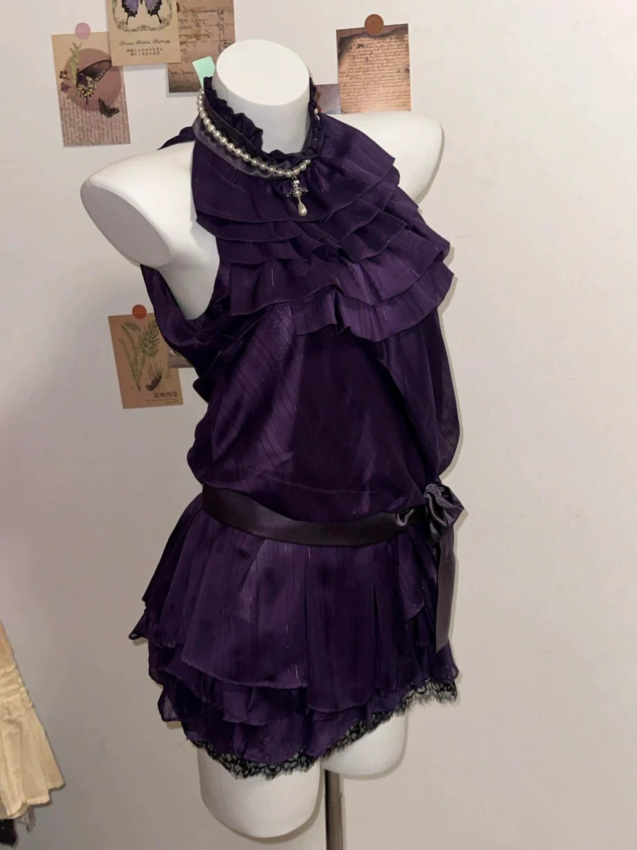 Purple Satin-Lace Halter Waist-Cinched Vintage-Style Tiered Dress