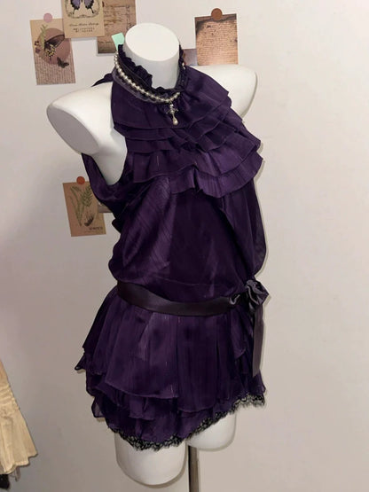 Purple Satin-Lace Halter Waist-Cinched Vintage-Style Tiered Dress