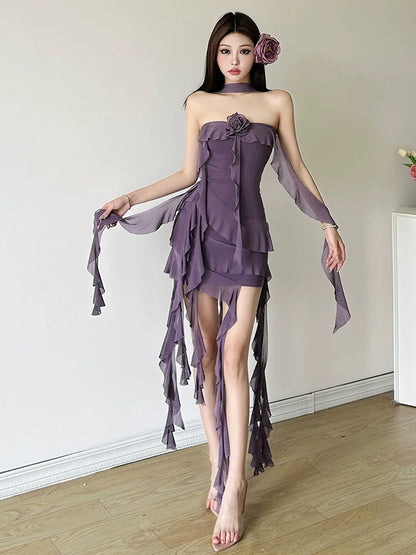 Unique Vibrant Purple Halter Dress With Ruffle Sash & Asymmetrical Hem