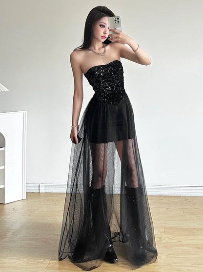 Luxurious Sequin Tube Top Mesh-Paneled Midi Dress