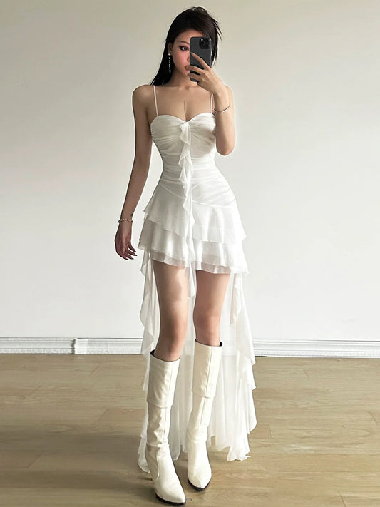 French Fairycore Ruffle-Paneled Camisole Asymmetrical Midi Dress