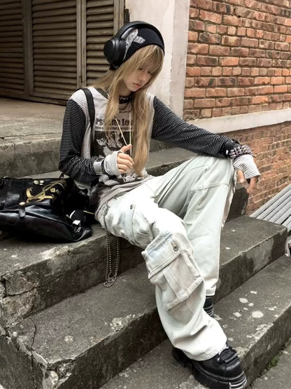 Y2K Subculture Striped Long Sleeve Tee Character Print Visual Kei Top