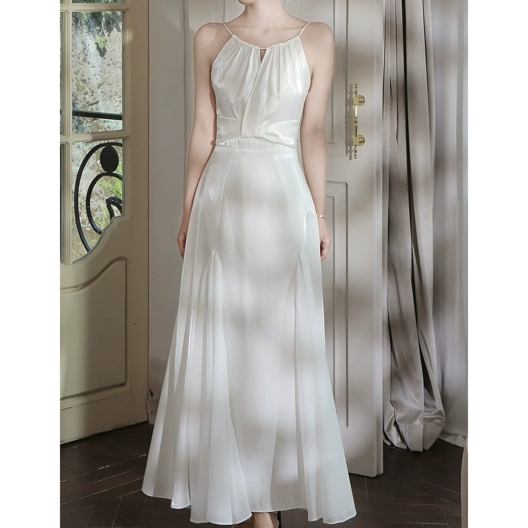 French Satin White Spaghetti Strap Gown Dress