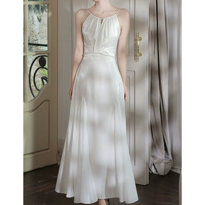 French Satin White Spaghetti Strap Gown Dress