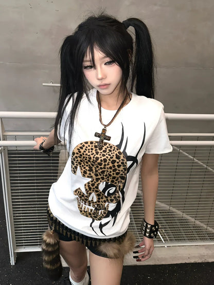 Y2K Skull Leopard Print Short Sleeve Top for Summer