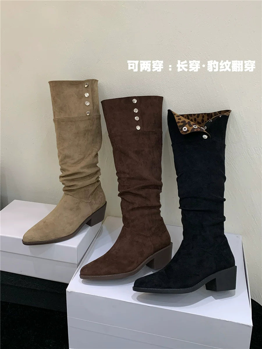 Versatile Foldable Slouchy Leopard Print Suede Retro Chunky Heel Western Knee High Women's Boots