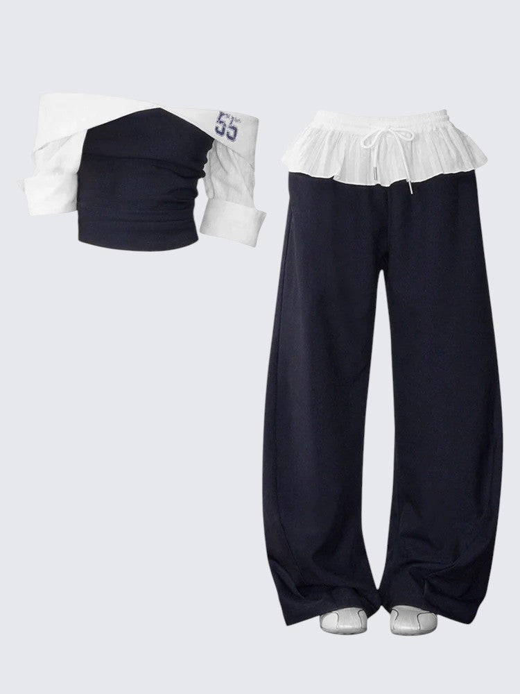 American Colorblock Off-Shoulder Ruffle Set