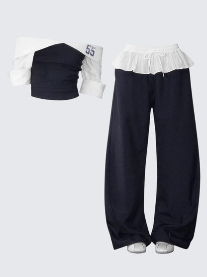 American Colorblock Off-Shoulder Ruffle Set