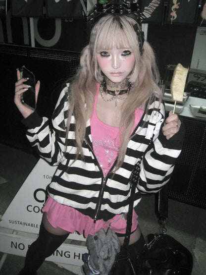 Y2K Black and White Stripe Skull Print Zip Up Hoodie