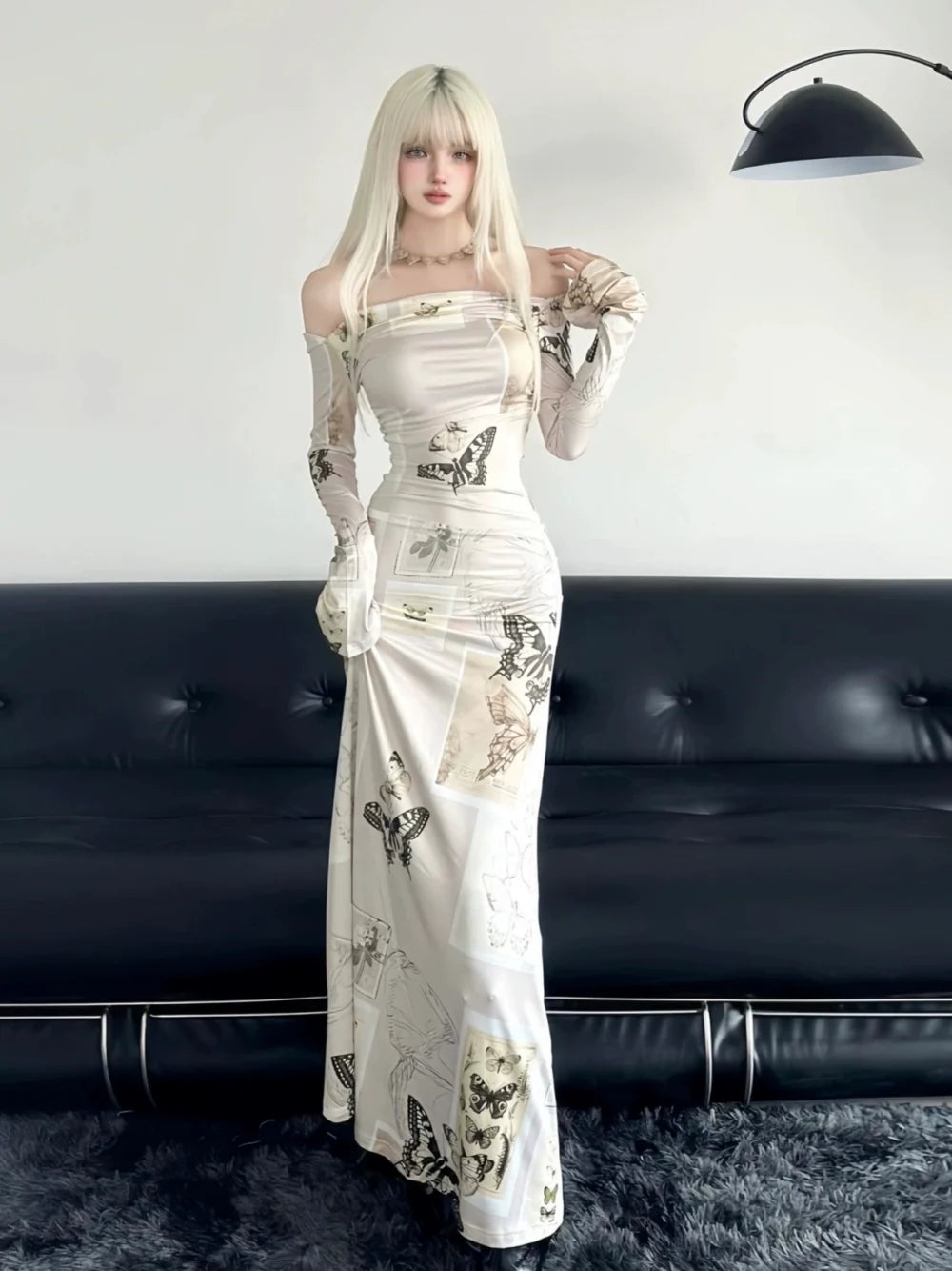 Off-Shoulder Butterfly Print Long-Sleeve Bodycon Midi Dress