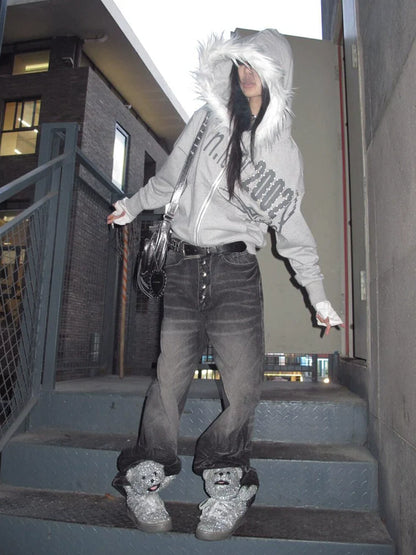 Y2K Visual Kei Fur-Lined Hoodie Autumn-Winter Heavyweight Short Zip-Up Pullover