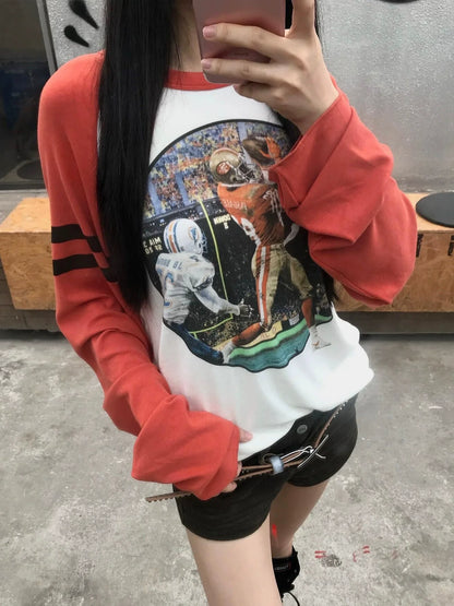 Retro White and Orange Color Block Raglan Long Sleeve Unique Design Top