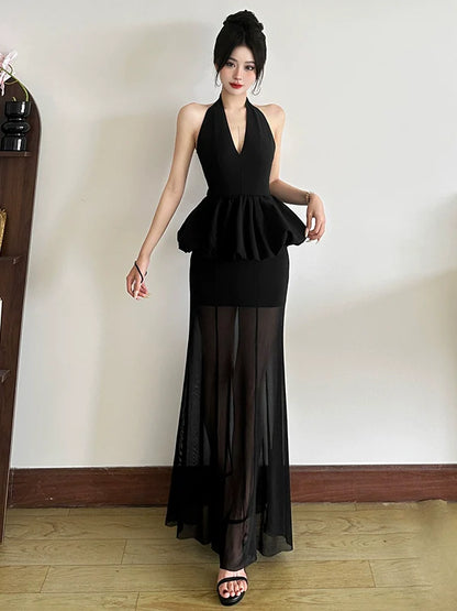 Mature Elegant Black V-Neck Halter Tulle-Paneled Sheer Fake Two-Piece Maxi Dress