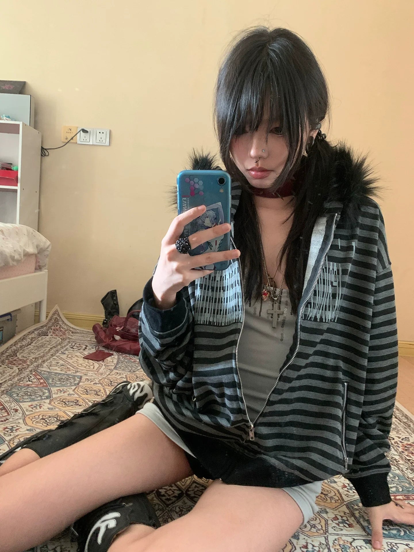 Y2K Faux Fur Collar Stripe Hoodie for Autumn Winter