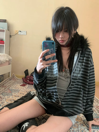 Y2K Faux Fur Collar Stripe Hoodie for Autumn Winter