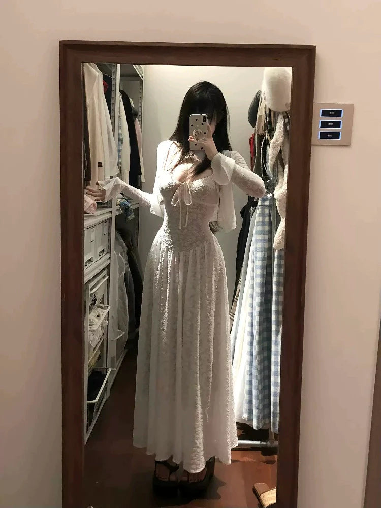 French White Lace Jacquard Cardigan & Slip Dress Set