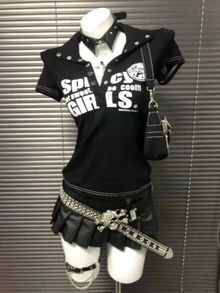 Black Gothic Letter Print Tee Y2K Top