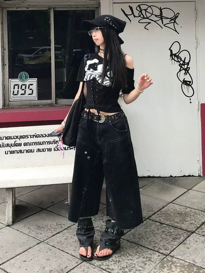 Subculture Black Off-Shoulder Tee Waist Tie Fitted Top